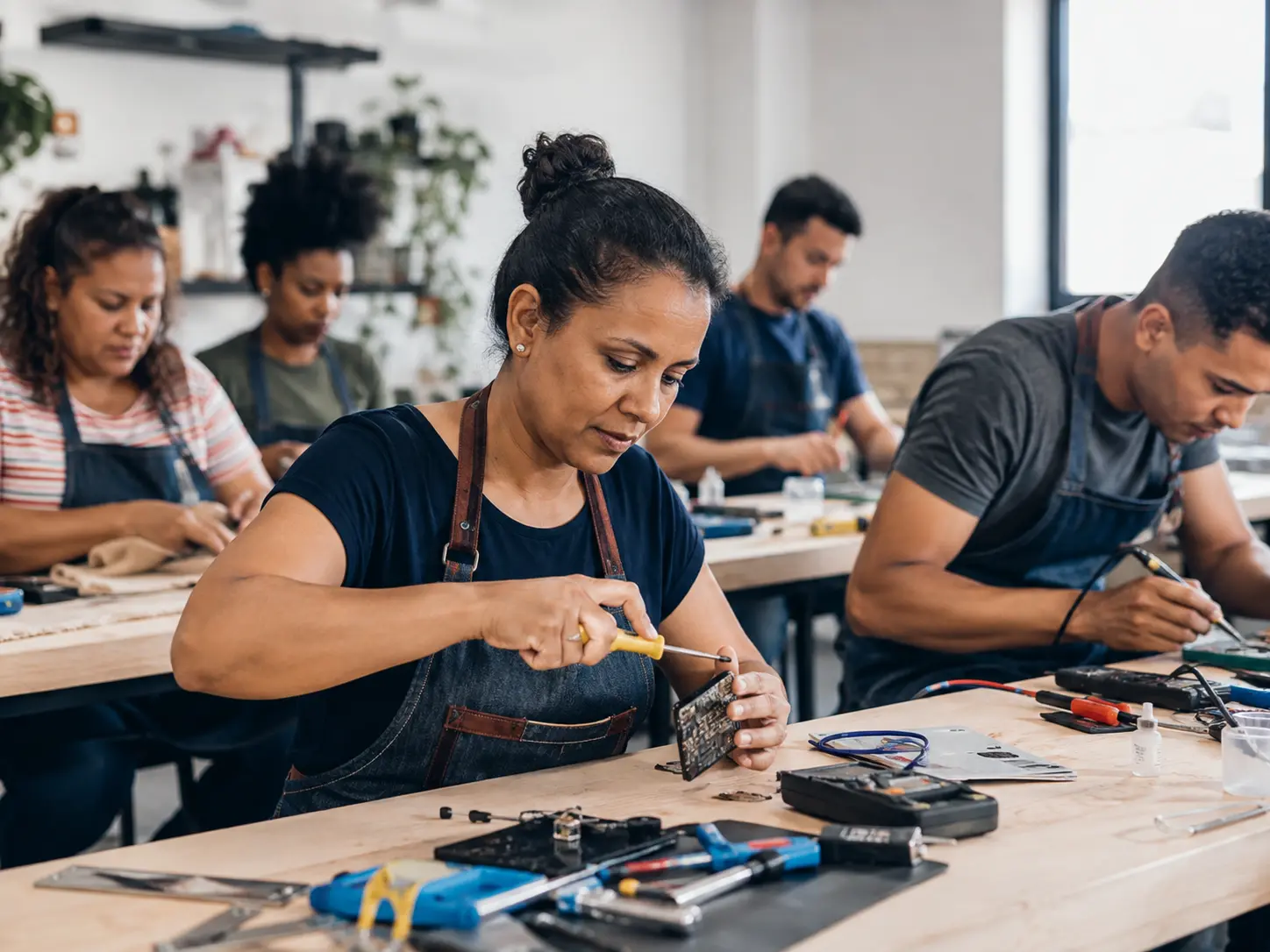 Pessoas desenvolvem competências práticas em uma oficina de formação tecnológica.