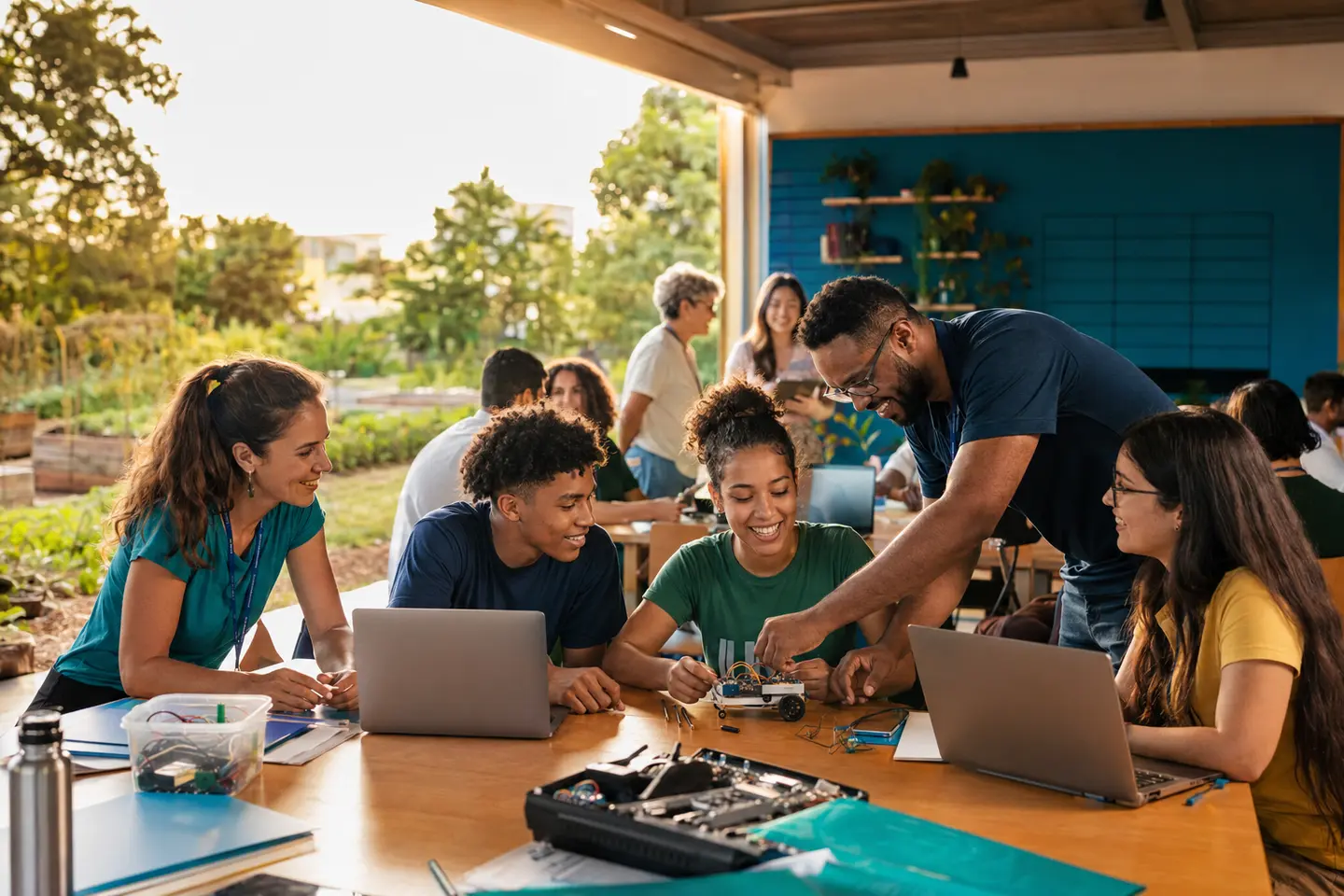 Parceiros, educadores e jovens colaboram em uma oficina de tecnologia e sustentabilidade.
